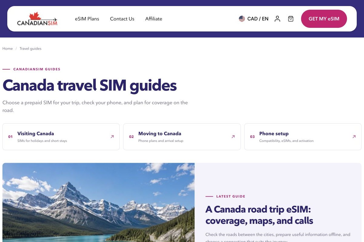The Canada travel SIM guides page we redesigned for CanadianSIM, with guides for visiting Canada, moving to Canada and phone setup, and a mountain lake photo on the latest guide